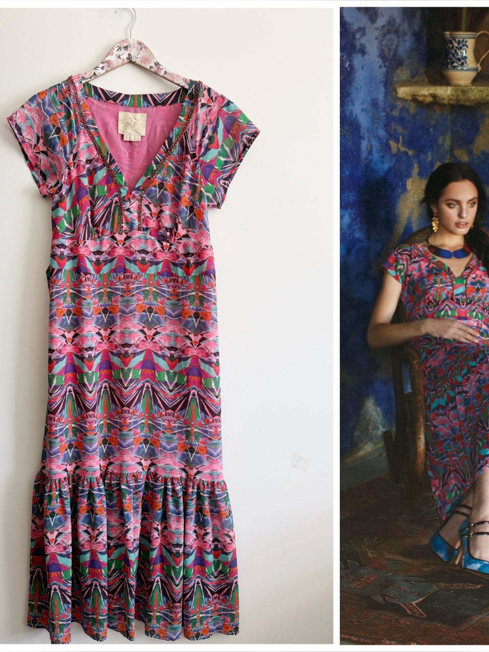 Anthropologie VANESSA VIRGINIA Mural Maxi Dress Beaded Cap Sleeve Size 8